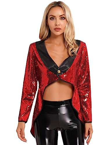 FEESHOW Damen Pailletten Frack Kostüm Zirkus Ringmaster Jacke Karneval Weihnachten Kostüm Silvester Showtime Party Outfit Mantel A_Rot 3XL von FEESHOW