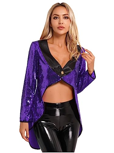 FEESHOW Damen Pailletten Frack Kostüm Zirkus Ringmaster Jacke Karneval Weihnachten Kostüm Silvester Showtime Party Outfit Mantel A_Violett 3XL von FEESHOW