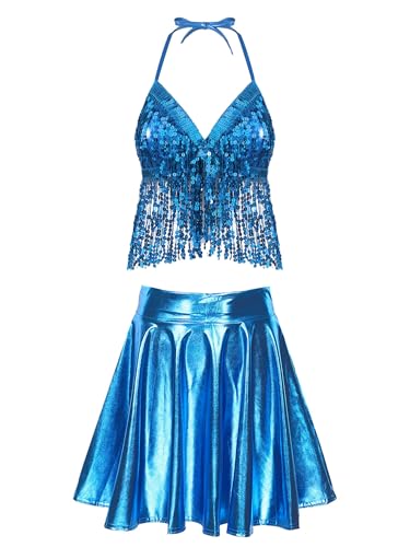 FEESHOW Damen Rave Outfits Glitzer Quasten BH Halter Bikini Top Holografisch Metallic Mini Rock Set Für Festival Party Tanz Club Blau M von FEESHOW