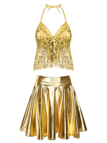 FEESHOW Damen Rave Outfits Glitzer Quasten BH Halter Bikini Top Holografisch Metallic Mini Rock Set Für Festival Party Tanz Club Gold S von FEESHOW