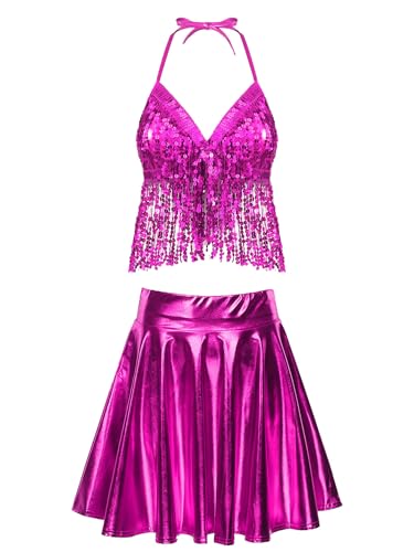 FEESHOW Damen Rave Outfits Glitzer Quasten BH Halter Bikini Top Holografisch Metallic Mini Rock Set Für Festival Party Tanz Club Hotpink S von FEESHOW