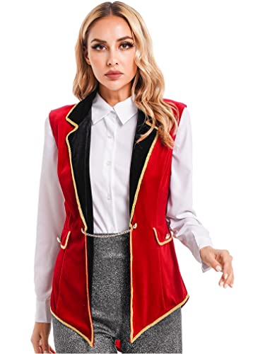 FEESHOW Damen Ringmaster Kostüm Zirkus Direktorin Uniform Jacke Ärmellos Weste Halloween Faschingskostüm Tailcoat Vest Rot L von FEESHOW