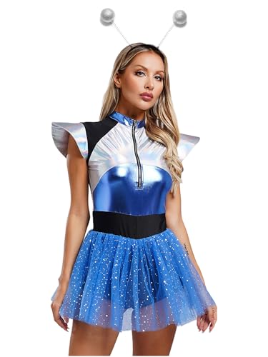 FEESHOW Damen Space Girl Alien Kostüm Glitzer Metallic Kleid Alien Stirnband Set Karneval Halloween Kostüm Weltraum Kadett Space Travel Cosplay Blau L von FEESHOW