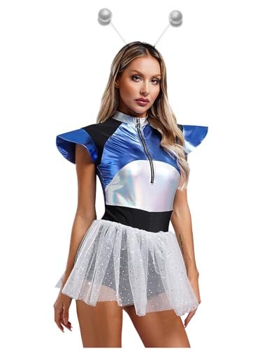 FEESHOW Damen Space Girl Alien Kostüm Glitzer Metallic Kleid Alien Stirnband Set Karneval Halloween Kostüm Weltraum Kadett Space Travel Cosplay Silber 3XL von FEESHOW