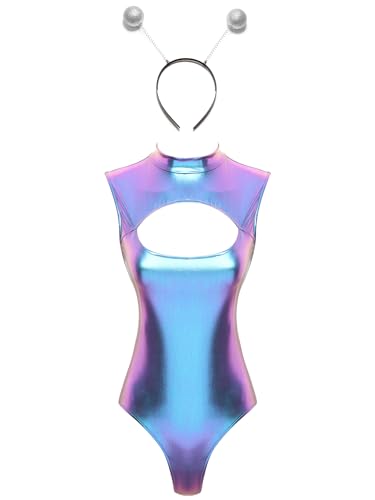 FEESHOW Damen Space Girl Kostüm Karneval Glänzende Metallic Body Alien Girl Haarreif Space Cop Verkleidung Fasching Rave Festival Party Outfit Blau XL von FEESHOW