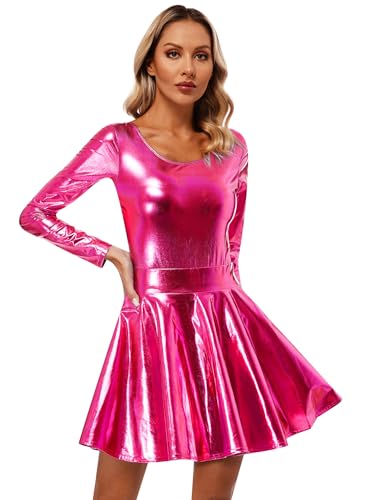 FEESHOW Damen Space Kostüm Rave Outfit Glänzendes Metallic Body Und Mini Röcke Set Disco Tanz Fasching Halloween Clubwear Mottoparty Outfit Hotpink S von FEESHOW