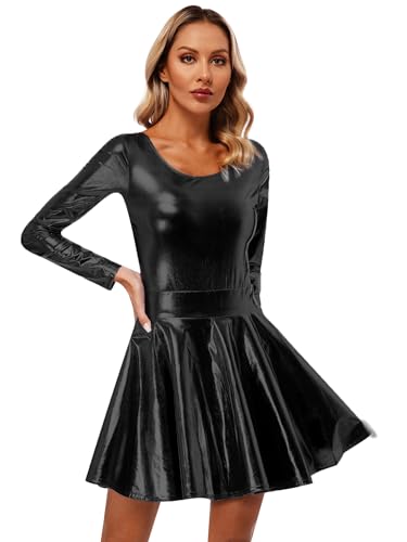 FEESHOW Damen Space Kostüm Rave Outfit Glänzendes Metallic Body Und Mini Röcke Set Disco Tanz Fasching Halloween Clubwear Mottoparty Outfit Schwarz L von FEESHOW