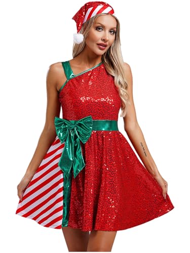 FEESHOW Damen Weihnachten Kleid Santa Weihnachtselfe Kostüm Glitzer Kleid Und Weihnachtshut Frauen Weihnachtskostüm Karneval X-Mas Party Outfit Rot 3XL von FEESHOW