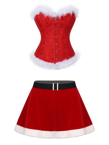 FEESHOW Damen Weihnachten Kostüm Vollbrust Korsett Top Und Mini Skater Rock 2er Set Miss Santa Claus Outfit X-Mas Party Kleidung Rot-Korsett 3XL von FEESHOW