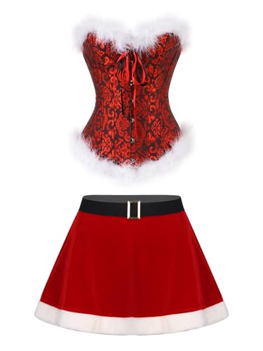 FEESHOW Damen Weihnachten Kostüm Vollbrust Korsett Top Und Mini Skater Rock 2er Set Miss Santa Claus Outfit X-Mas Party Kleidung Schwarz&Rot-Korsett 3XL von FEESHOW