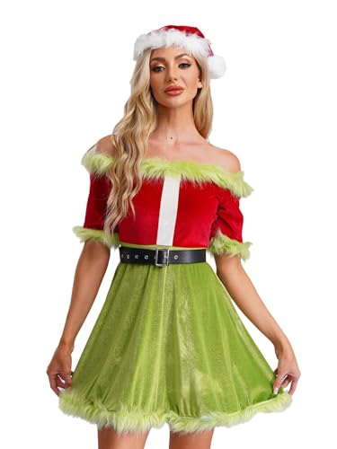 FEESHOW Damen Weihnachten Weihnachtsmann Miss Santa Kleid Schulterfrei Samt Mini Skaterkleid Mit Gürtel Santa Hut Xmas Party Kostüm Grün L von FEESHOW