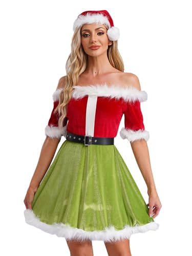 FEESHOW Damen Weihnachten Weihnachtsmann Miss Santa Kleid Schulterfrei Samt Mini Skaterkleid Mit Gürtel Santa Hut Xmas Party Kostüm Weiß L von FEESHOW