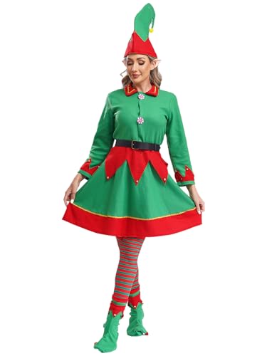 FEESHOW Damen Weihnachtself Kostüm Kleid Elfenohren Wichtelmütze Schuhe Strümpfe Und Gürtel Erwachsene Karneval Weihnachtskostüm Party Outfit Grün XL von FEESHOW