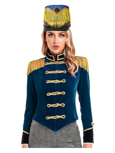 FEESHOW Damen Zirkus Kostüm Ringmaster Ehrengarde Outfit Jacke Trommler Hut Set Halloween Fasching Royal Guard Kostüm Dunkelblau&Fransen-Hut 3XL von FEESHOW