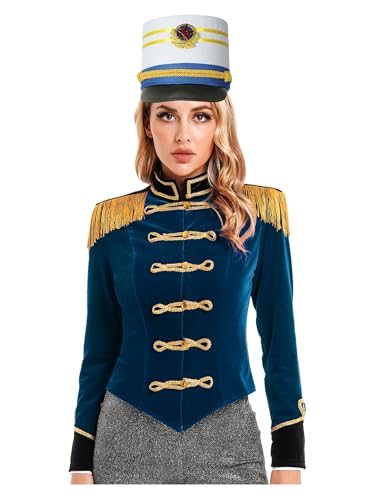 FEESHOW Damen Zirkus Kostüm Ringmaster Ehrengarde Outfit Jacke Trommler Hut Set Halloween Fasching Royal Guard Kostüm Dunkelblau&Hut 3XL von FEESHOW