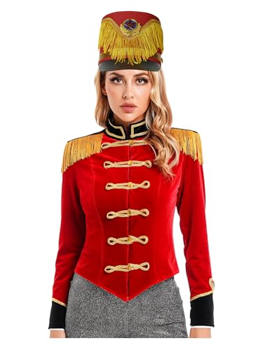 FEESHOW Damen Zirkus Kostüm Ringmaster Ehrengarde Outfit Jacke Trommler Hut Set Halloween Fasching Royal Guard Kostüm Rot&Fransen-Hut 3XL von FEESHOW