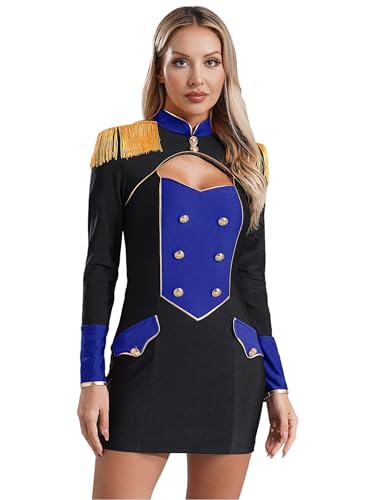 FEESHOW Damen Zirkus Kostüm Zirkusdirektor Kleid Mit Quasten-Epaulette Halloween Karneval Kostüm Weihnachten Fasching Partykleid Mini Bodycon Blau S von FEESHOW