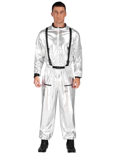 FEESHOW Erwachsene Damen Herren Astronauten Kostüme Spaceman Cosplay Silber Metallic Jumpsuit Weltall Raumfahrer Overall Party Halloween Kostüm Silber_B XXL von FEESHOW