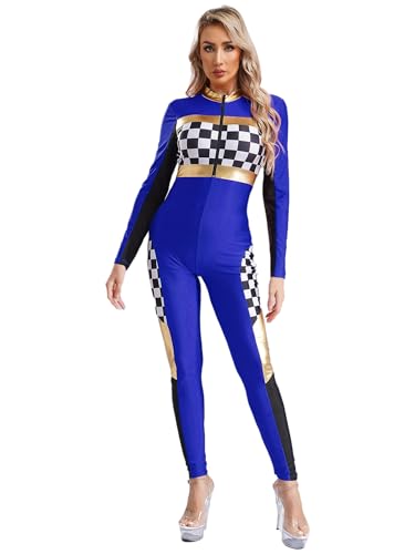 FEESHOW Erwachsene Damen Rennfahrer Kostüm Langarm Rennwagen Motorrad Overall Slim Racing Girl Outfit Für Halloween Karneval Party Cosplay Königsblau XL von FEESHOW