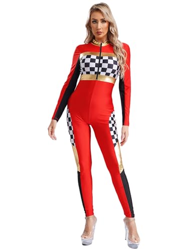 FEESHOW Erwachsene Damen Rennfahrer Kostüm Langarm Rennwagen Motorrad Overall Slim Racing Girl Outfit Für Halloween Karneval Party Cosplay Rot S von FEESHOW