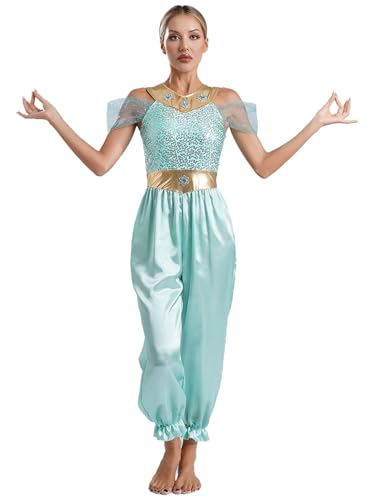 FEESHOW Frauen Arabische Märchen Prinzessin Kostüm Damen Orient Kleidung Pailletten Overall Fasching Halloween Kostüm Cosplay Party Tanzkleidung Minzgrün XL von FEESHOW