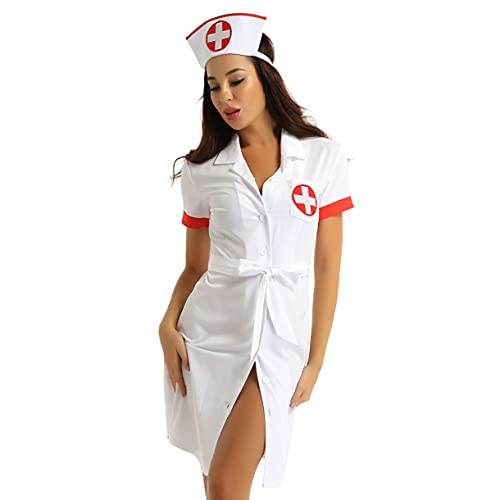 FEESHOW Frauen Krankenschwester Kostüm Sexy Nurse Uniform Kleid mit Hut Erotische Dessous Lingerie Cosplay Party Outfit Weiß Small von FEESHOW