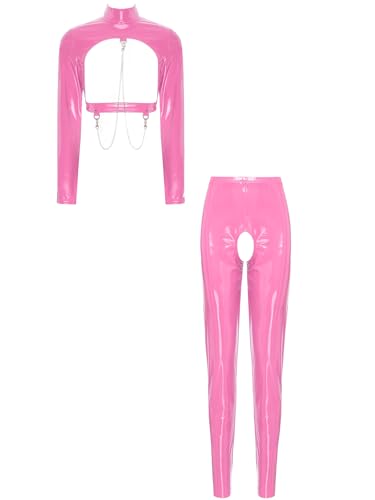 FEESHOW Frauen Lack Und Leder Kostüm Sexy Busenfreie Reizwäsche Offener Schritt Lederhose Busenfreies Top Lackleder Leggings Set Rosa_B S von FEESHOW