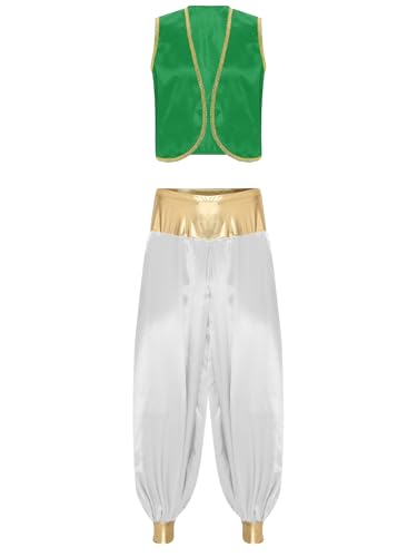 FEESHOW Herren Arabischer Prinz Kostüm Weste Aladdinhose Outfit Orient Flaschengeist Dschinn Cosplay Männer Fasching Halloween Kostüm Grün&Weiß 3XL von FEESHOW