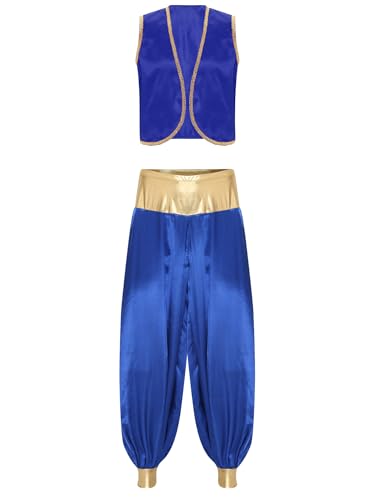 FEESHOW Herren Arabischer Prinz Kostüm Weste Aladdinhose Outfit Orient Flaschengeist Dschinn Cosplay Männer Fasching Halloween Kostüm Königsblau&Königsblau 4XL von FEESHOW