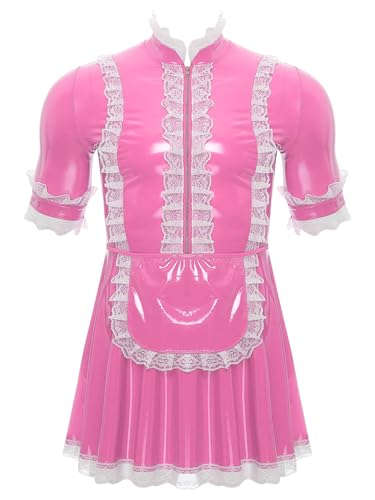 FEESHOW Herren Dienstmädchen Kostüm Sissy Lack Kleid Karneval Halloween Männer Putzfrau Kostüm Party Junggesellenabschied Outfit Rosa 4XL von FEESHOW