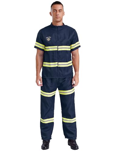 FEESHOW Herren Feuerwehrmann Kostüm 4-teilige Helm Kurzarm Firefighter Jacke Hose Und Gürtel Mit Reflektierend-Streifen Halloween Karneval Kostüm Marineblau L von FEESHOW