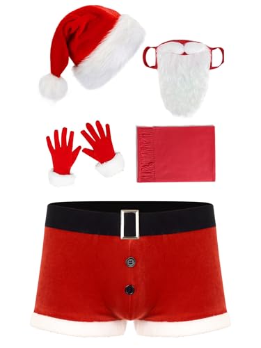 FEESHOW Herren Kostüm Weihnachtsmann Mütze Nikolaus Bart Boxershorts Handschuhen Und Schal 5er Weihnachts Unterwäsche Nachtwäsche Nikolausmütze-Set 3XL von FEESHOW