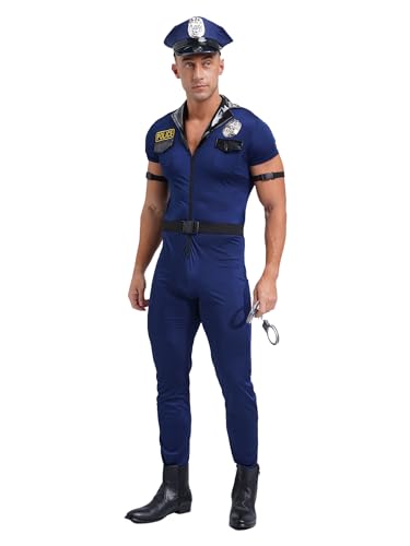 FEESHOW Herren Polizei Kostüm Overall Hut Polizist Zubehör Lustige Party Karneval Faschingskostüme Agent FBI Berufe Uniform Cosplay Outfit Blau_A XL von FEESHOW