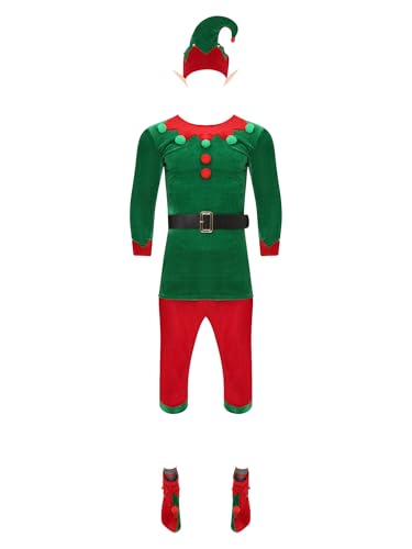 FEESHOW Herren Weihnachten Elf Kostüm Elfenhut Elfohren Elfenschuhe Strümpfe Top Hose Und Gürtel 6er X-Mas Fasching Party Set Rot&Grün L von FEESHOW