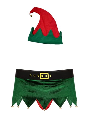 FEESHOW Herren Weihnachtselfe Kostüm Weihnachten Wichtel Elfenhut Und Bulge Pouch Slip String Set Xmas Outfit Nachtwäsche Grün S von FEESHOW