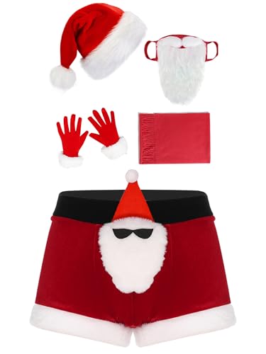 FEESHOW Herren Weihnachtsmann Kostüm Mütze Nikolaus Bart Handschuhen Schal Und Boxershorts Weihnachts Unterwäsche 5er Set Nikolausmütze-Set 3XL von FEESHOW