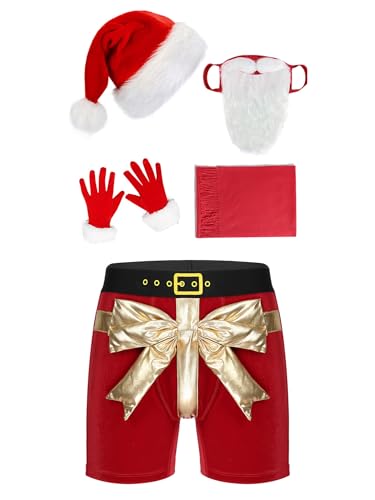 FEESHOW Herren Weihnachtsmann Kostüm Nikolaus Bart Mütze Handschuhen Schal Und Boxershorts Weihnachts Unterwäsche 5er Set Rot L von FEESHOW