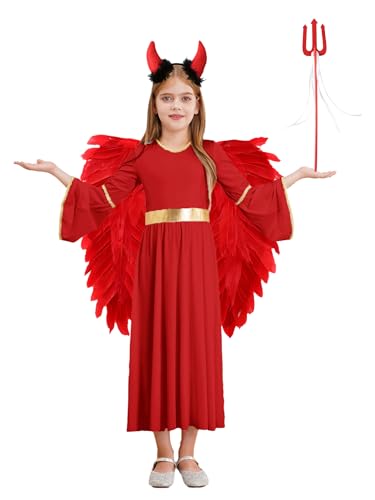 FEESHOW Kinder Mädchen Engel Kleid Flügel Heiligenschein/Teufel Hörner Haarreif Zauberstab 4erSet Für Halloween Fasching Weihnachten Rot 122-128 von FEESHOW