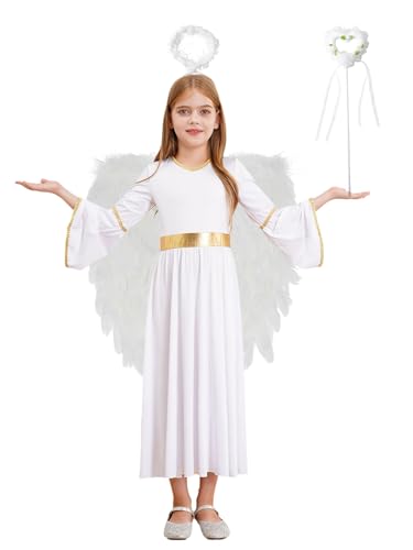 FEESHOW Kinder Mädchen Engel Kleid Flügel Heiligenschein/Teufel Hörner Haarreif Zauberstab 4erSet Für Halloween Fasching Weihnachten Weiß 146-152 von FEESHOW