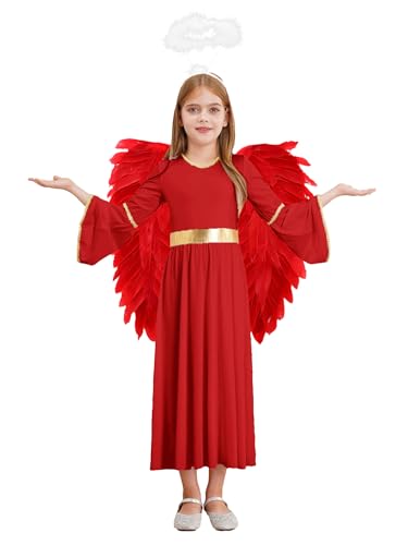 FEESHOW Kinder Mädchen Engelskostüm Weihnachten Karneval Engel Kleid Engelsflügel Heiligenschein Set Party Halloween Kleidung Rot-Weiss 110-116 von FEESHOW