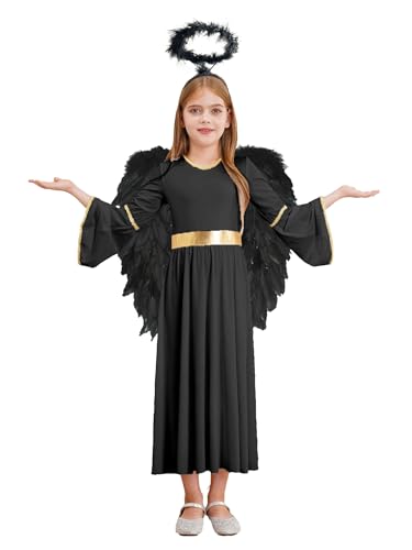 FEESHOW Kinder Mädchen Engelskostüm Weihnachten Karneval Engel Kleid Engelsflügel Heiligenschein Set Party Halloween Kleidung Schwarz 110-116 von FEESHOW