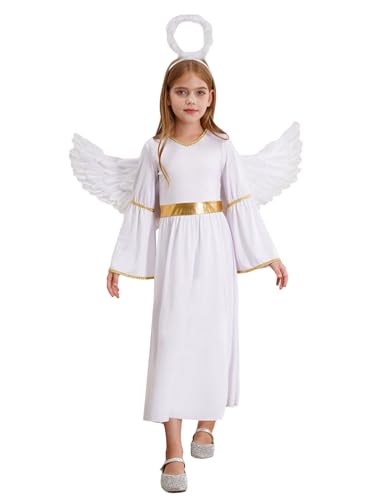 FEESHOW Kinder Mädchen Engelskostüm Weihnachten Karneval Engel Kleid Engelsflügel Heiligenschein Set Party Halloween Kleidung Weiß 146-152 von FEESHOW