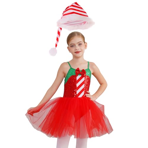 FEESHOW Kinder Mädchen Weihnachten Elf Zuckerstangen Kostüm Glitzer Tutu Kleid Trikot Und Weihnachtsmütze Für Party Tanz Performance Rot 110-116 von FEESHOW