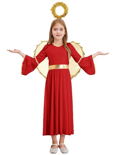 FEESHOW Mädchen Engel Kleid Goldene Engel Flügel Heiligenschein Haarreif Set Kinder Halloween Fasching Krippenspiel Outfit Rot 110-116 von FEESHOW