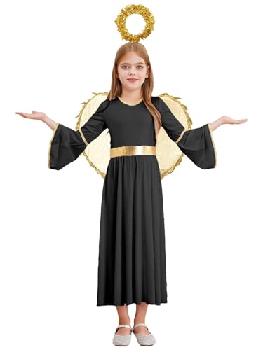 FEESHOW Mädchen Engel Kleid Goldene Engel Flügel Heiligenschein Haarreif Set Kinder Halloween Fasching Krippenspiel Outfit Schwarz 110-116 von FEESHOW