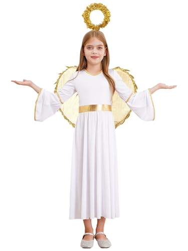 FEESHOW Mädchen Engel Kleid Goldene Engel Flügel Heiligenschein Haarreif Set Kinder Halloween Fasching Krippenspiel Outfit Weiß 110-116 von FEESHOW