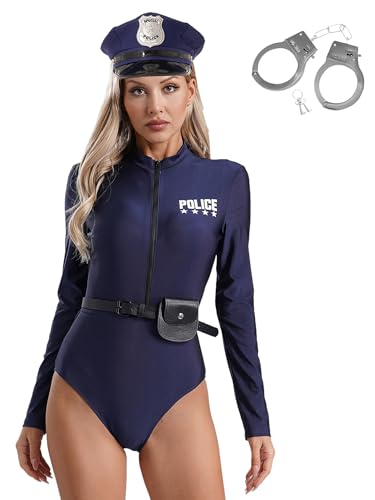 FEESHOW Polizei Kostüm Damen Set 5er Langarmbody Polizei Hut Manschetten Geldbörse Und Gürtel Halloween Fasching Party Clubwear Marineblau 3XL von FEESHOW