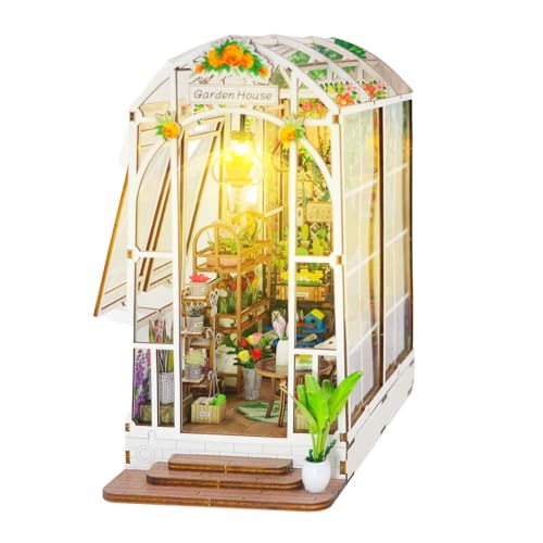 FEIMUOSI DIY Book Nook Kit: Puppenhaus Miniatur Haus mit Möbeln, 3D Puzzles Garden House mit LED Lampe, Holz Bookshelf Diorama Modelbau Bücherregal Deko zum Baue Geschenk für Erwachsene von FEIMUOSI