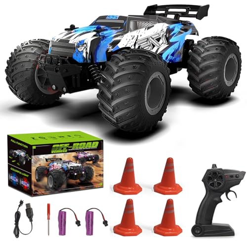 FEIMUOSI Ferngesteuertes Auto RC Car: 1:18 Offroad Fahrzeug mit LED Licht, 2.4GHz All Terrain RC Crawler mit 2 Akku, 20 km/h RC Truck Spielzeugauto Ferngesteuert für Kinder und Erwachsene (Blau) von FEIMUOSI