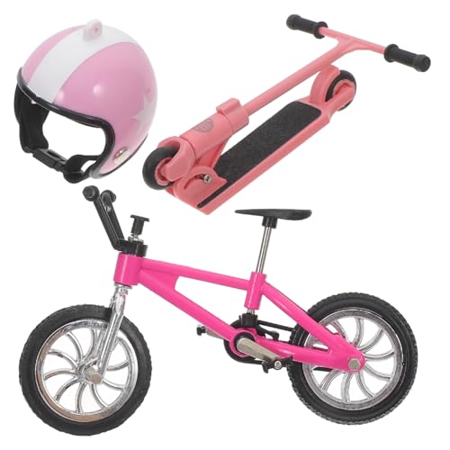 FELTECHELECTR Fahrrad Spielzeug Fahrrad Dekoration 1 Set Miniatur Fahrrad Helm Für Puppenhaus Und Büro Simuliertes Fahrrad Modell Mit Roller Dekorationsartikel Pink Für Kreative Raumgestaltung von FELTECHELECTR